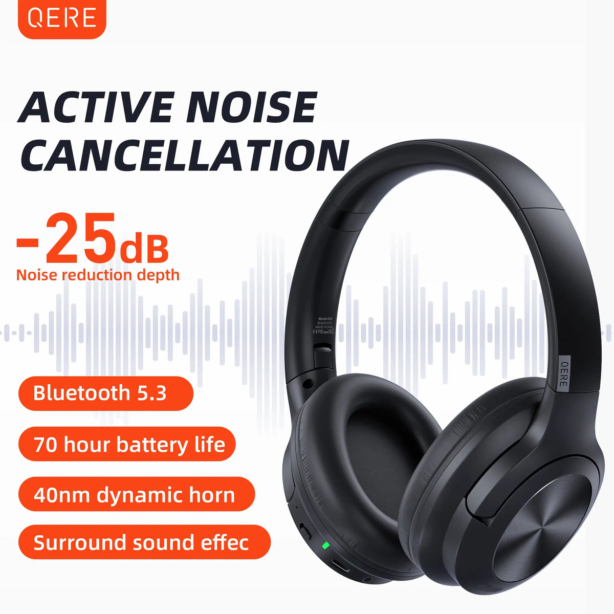 QERE E80 ワイヤレスヘッドホン Bluetooth 5.3 ANCノイズキャンセリング ハイレゾ音源 オーバーイヤー型 70時間再生 40mmドライバー 2.4G対応