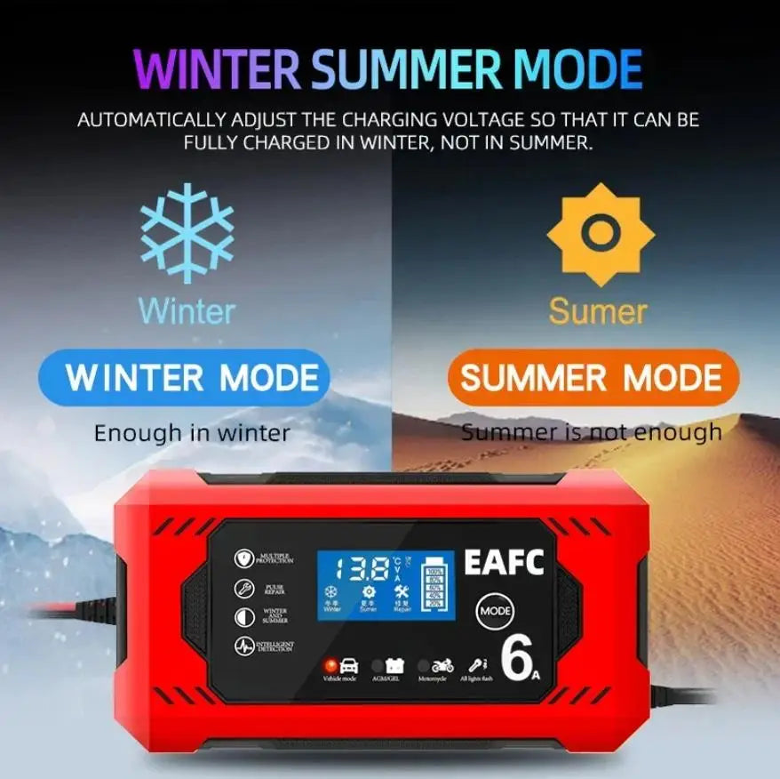 Cargador de batería inteligente EAFC 6A 12V con pantalla LCD para reparación de baterías de coche y moto, unidad de carga para baterías de plomo-ácido