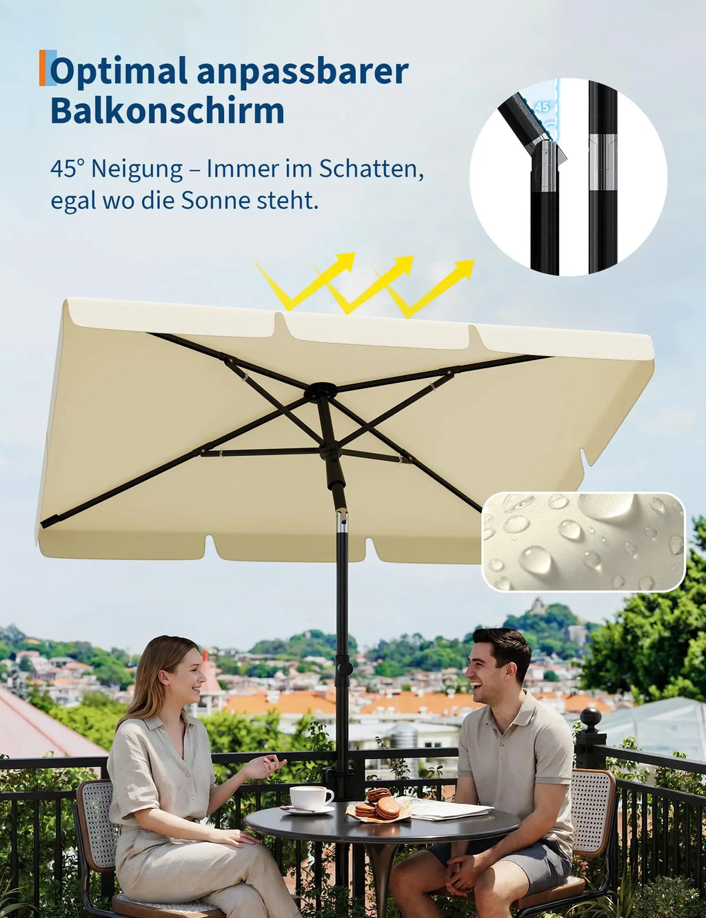 Sunshade 200x125 cm, UPF 50+ beach umbrella, height adjustable from 145-225 cm, foldable at 45°, with cover, sun protection