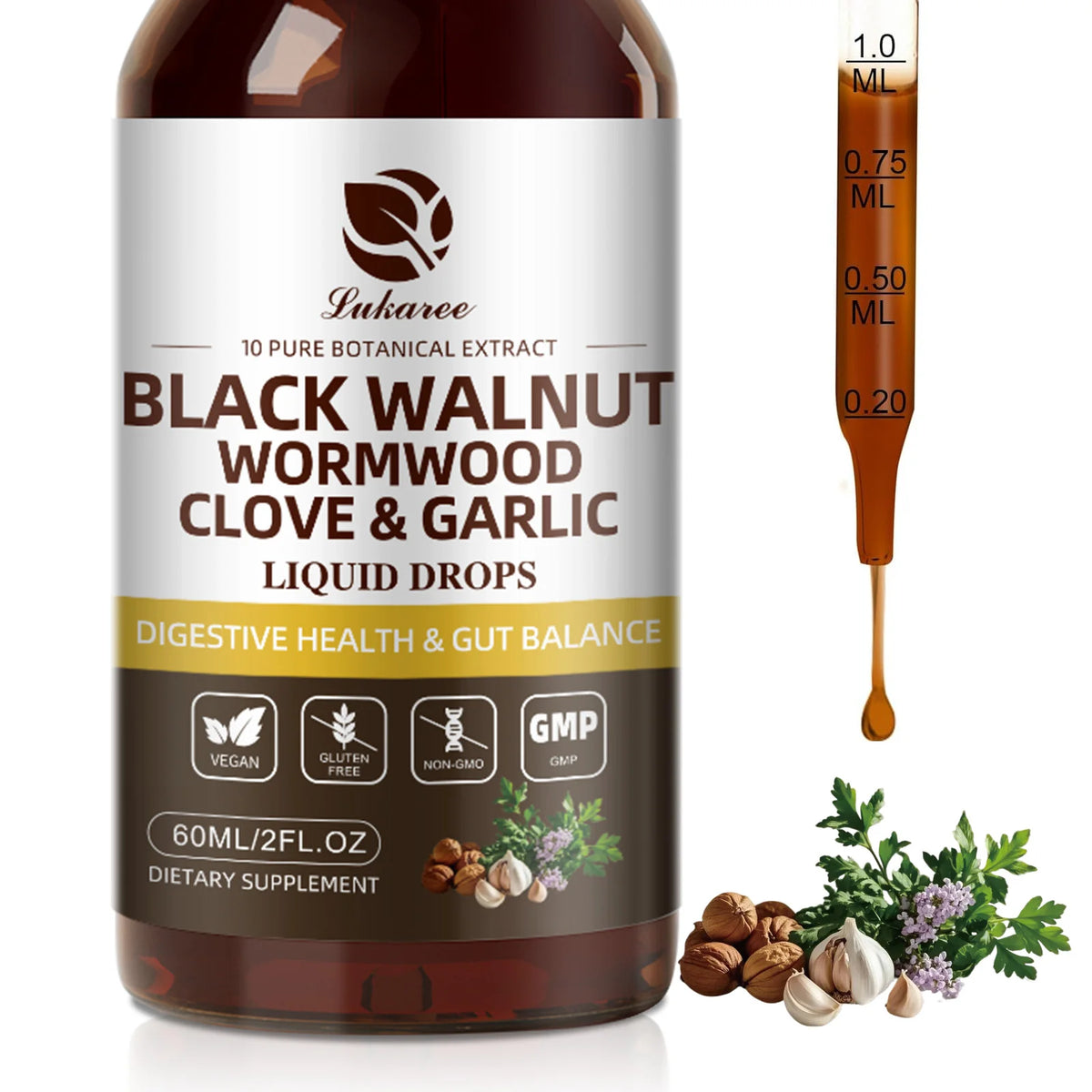 Lukaree 60ML Schwarzwalnusstropfen mit Wermut, Nelke und Knoblauch zur Unterstützung der Verdauung und des Immunsystems, zur Entgiftung des Körpers und als Antioxidans
