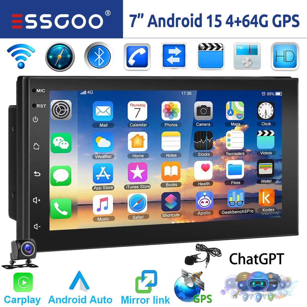 ESSGOO 7"/9"/10“ 2 DIN Android 14 4+64G Car Stereo Carplay Android Auto GPS Navi Bluetooth FM RDS Radio WIFI Touchscreen ChatGPT