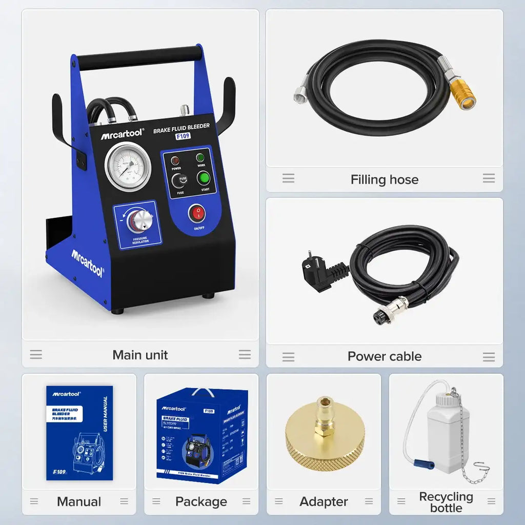 MRCARTOOL F109 自動車用ブレーキオイル交換機 電動パルス真空式 廃油吸引・充填装置 配管洗浄機能付き 220V/110V対応