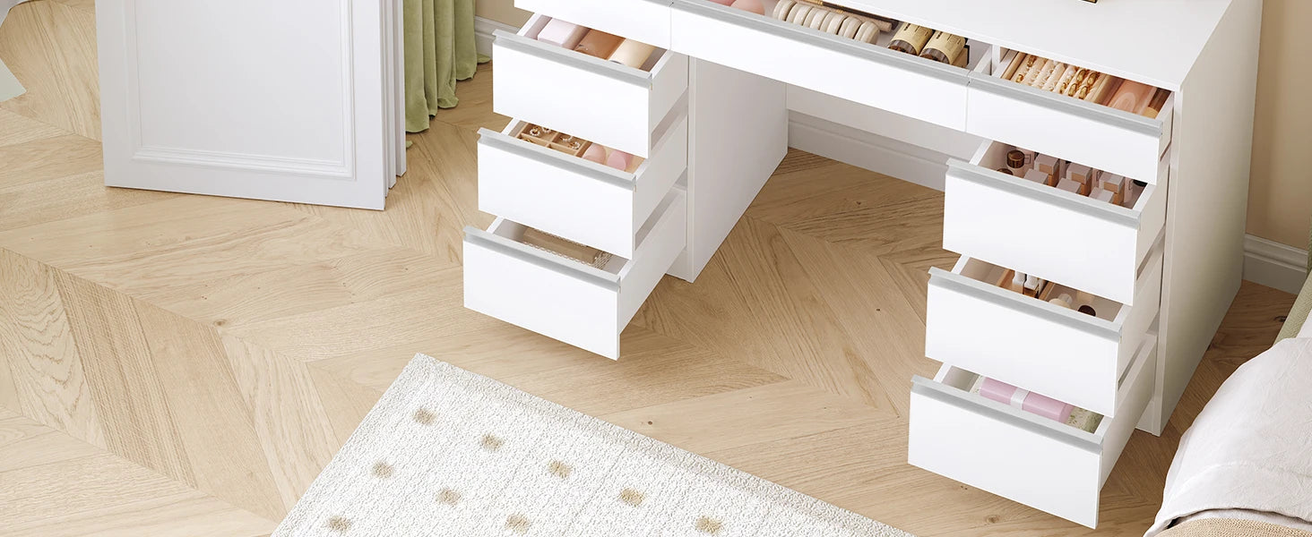 Large Dressing Table with LED Lighting, 3 Colours, Brightness Control,  with Mirror, 9 Drawers, 9 Open Shelves