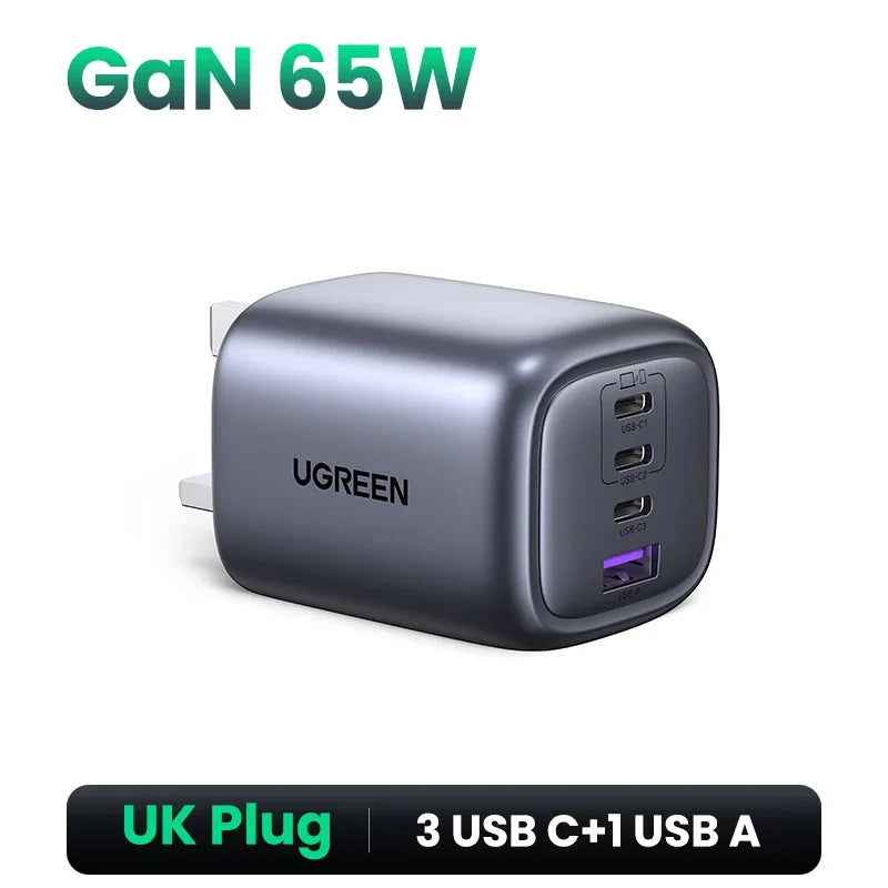 Chargeur GaN 65W UGREEN 4 ports USB C Chargeur Rapide Charge Rapide 3.0 PD 3.0 Pour Macbook Air Ordinateurs Portables Tablettes iPhone 17 16 15 Pro Max