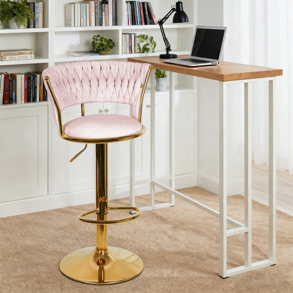 2 Set Bar stool with woven back and foot rest, pivoting stool, height adjustable, metal splayed Base + velvet padded seat, gray/pink/blue/black