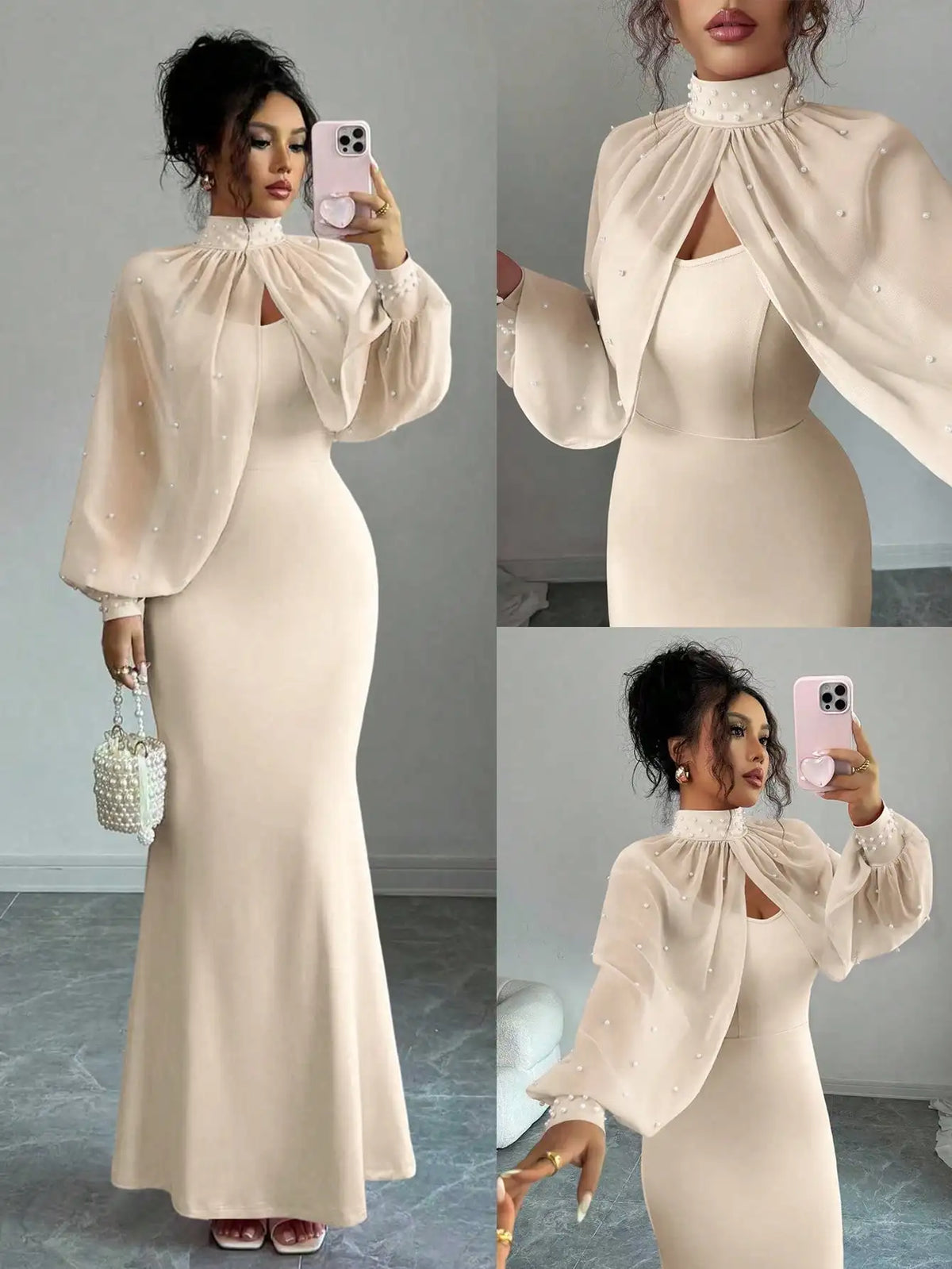Elegante vestido de sirena rosa con capa transparente de pedrería, conjunto de vestido ajustado