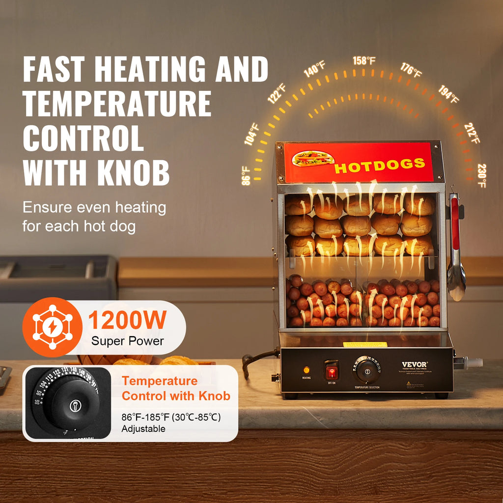 Vaporera para hot dogs SucceBuy de 27/37 L y 2 niveles con control de temperatura, calentador eléctrico de acero inoxidable para hot dogs y panes para cine