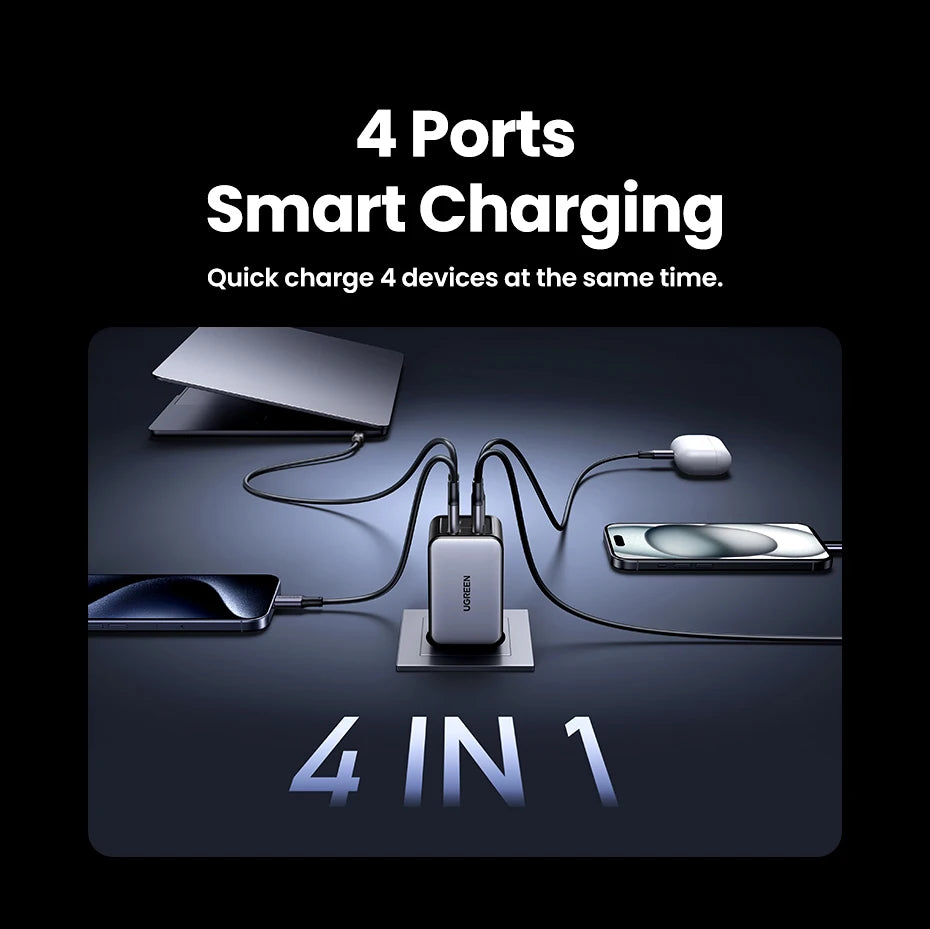 UGREEN 65W GaN Charger 4 Ports USB C Fast Charger Quick Charge 3.0 PD 3.0 For Macbook Air Laptops Tablet iPhone 17 16 15 Pro Max