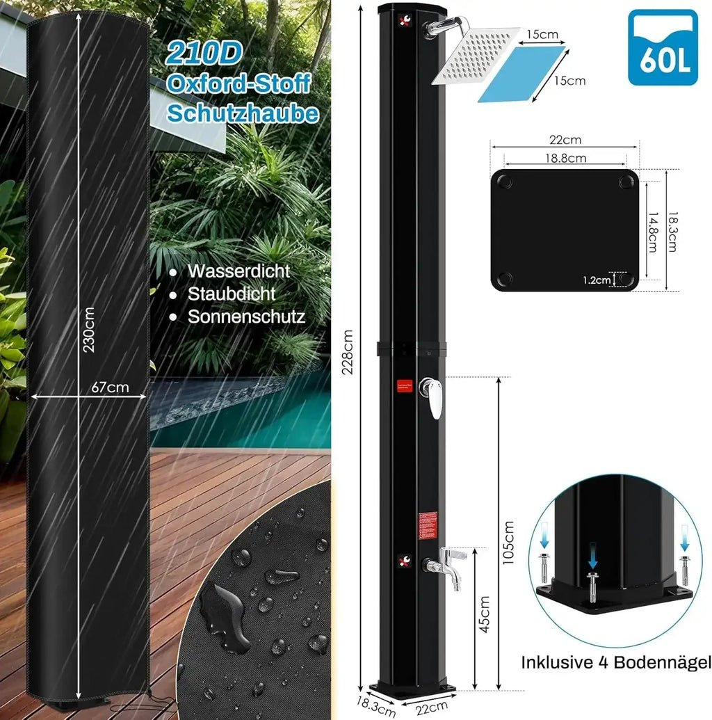 Ducha solar exterior independiente de 60 L, duchas de piscina para exteriores, columna de ducha solar de 228 cm de altura con cabezal giratorio de 360°