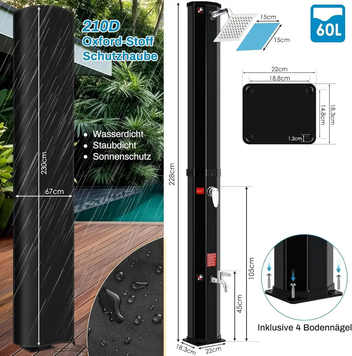 Ducha solar exterior independiente de 60 L, duchas de piscina para exteriores, columna de ducha solar de 228 cm de altura con cabezal giratorio de 360°