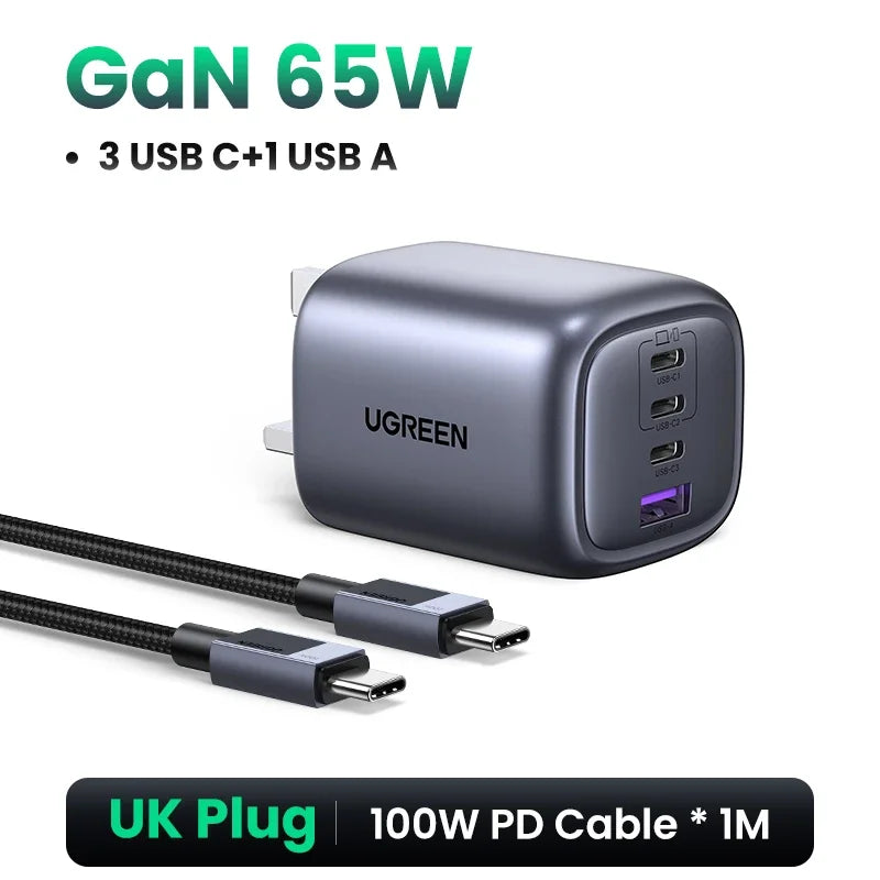Chargeur GaN 65W UGREEN 4 ports USB C Chargeur Rapide Charge Rapide 3.0 PD 3.0 Pour Macbook Air Ordinateurs Portables Tablettes iPhone 17 16 15 Pro Max