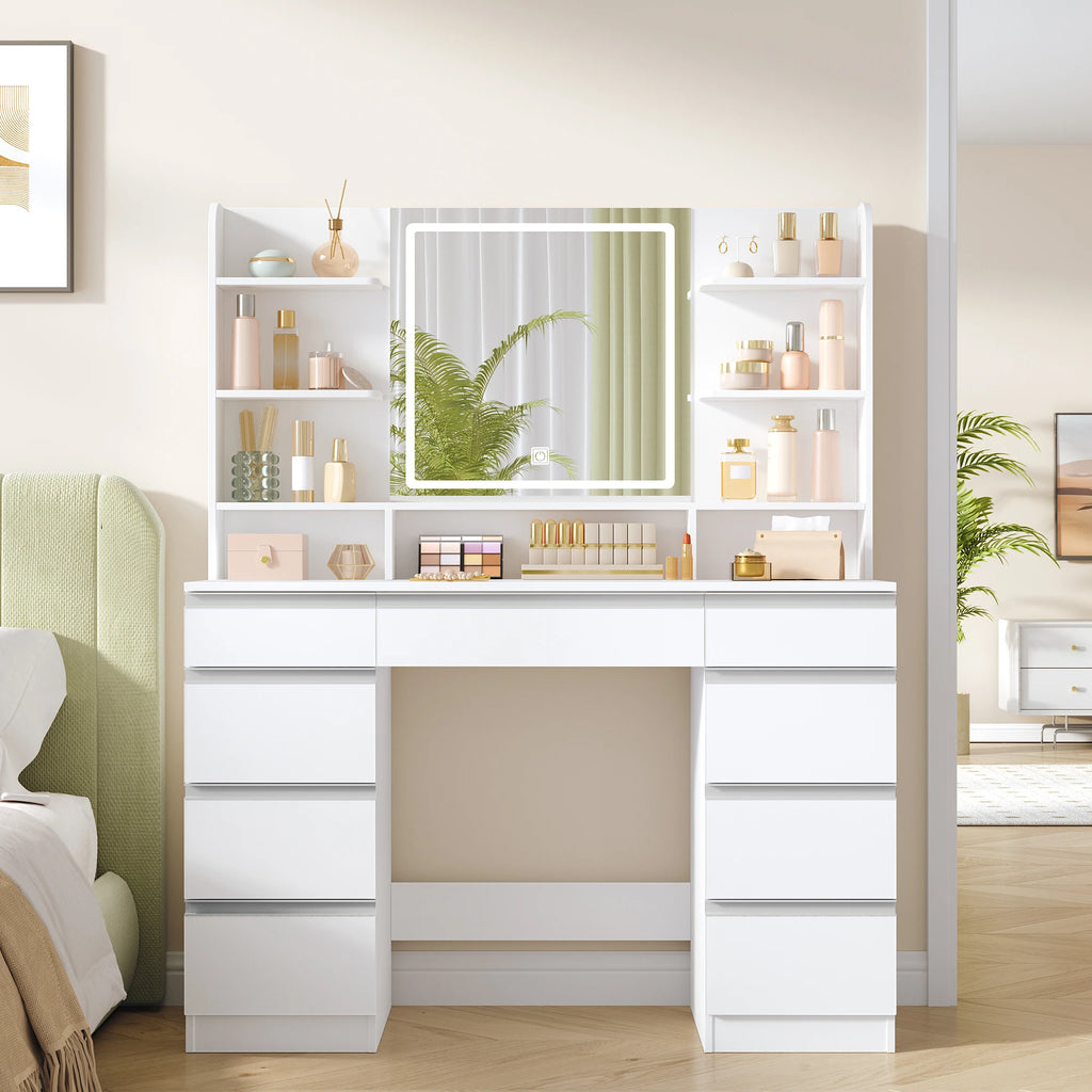 Large Dressing Table with LED Lighting, 3 Colours, Brightness Control,  with Mirror, 9 Drawers, 9 Open Shelves