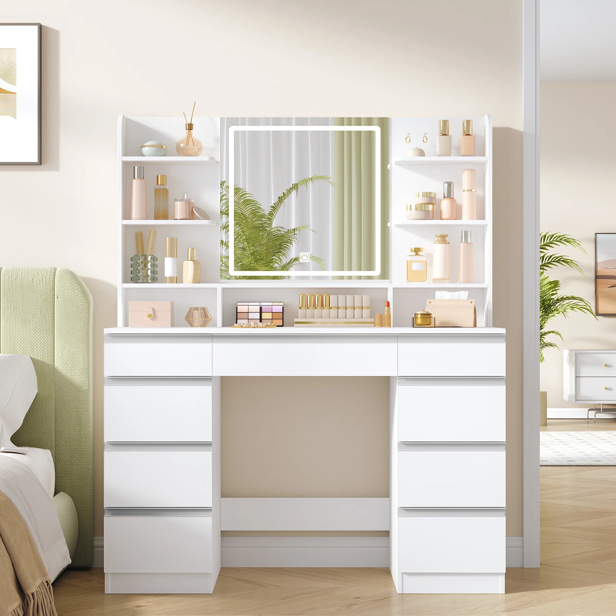 Large Dressing Table with LED Lighting, 3 Colours, Brightness Control,  with Mirror, 9 Drawers, 9 Open Shelves