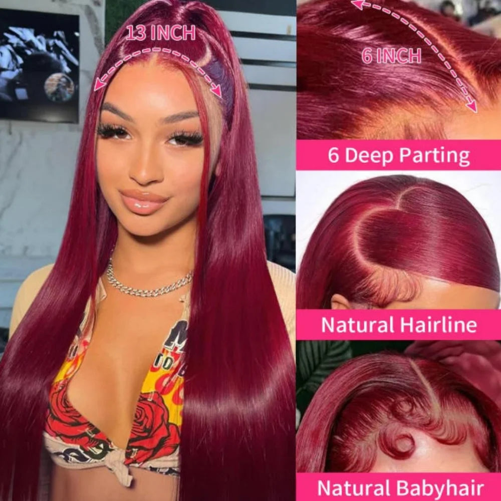 34-Zoll-Perücke aus menschlichem brasilianischem Haar, 99J Burgundy, glatt, 13x4 HD-transparente Lace-Front-Perücke, vorgezupfter natürlicher Haaransatz für Frauen
