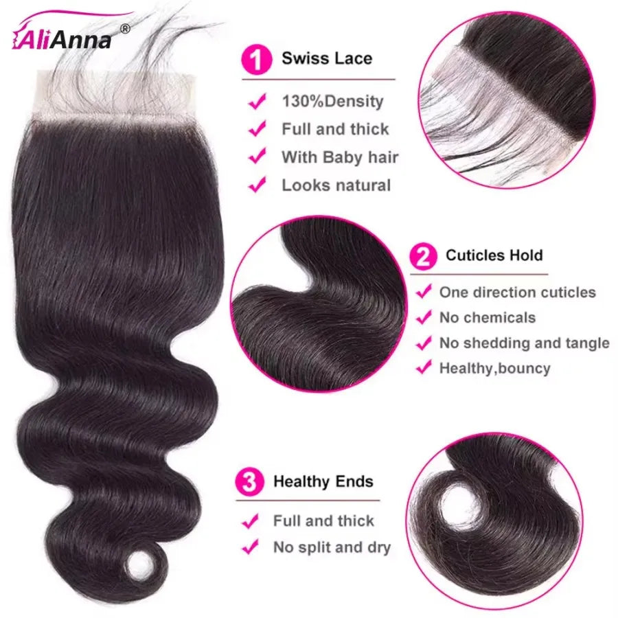 24–26 Inch Body Wave Human Hair Bundles with 4x4 Lace Closure, Brazilian Remy Hair, 3 Bundles + Closure