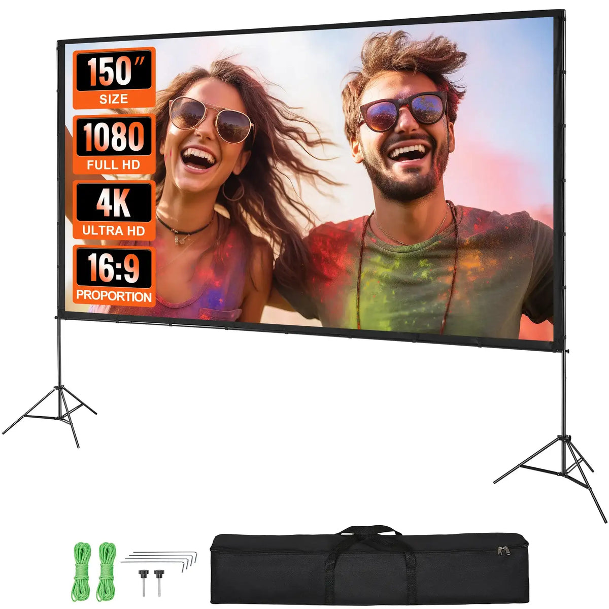 SucceBuy Projektionsleinwand mit Ständer, 150 Zoll, 16:9, 4K 1080 HD, tragbare Projektionsleinwand für Zuhause, Büro, Garten, Filmtheater und Kino