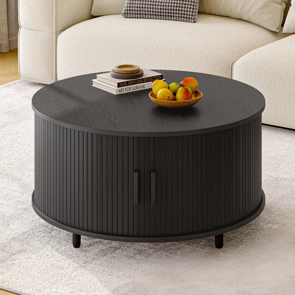Round Coffee Table 31.5" – Fluted Wood, Curved Sliding Door