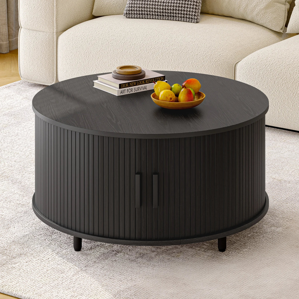 Round Coffee Table 31.5" – Fluted Wood, Curved Sliding Door