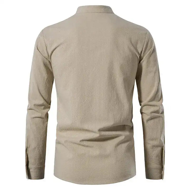 Men's  Casual Henley Shirt  Stand Collar Long Sleeve with Drawstring Cuffs Casual Henry Collar Shirt