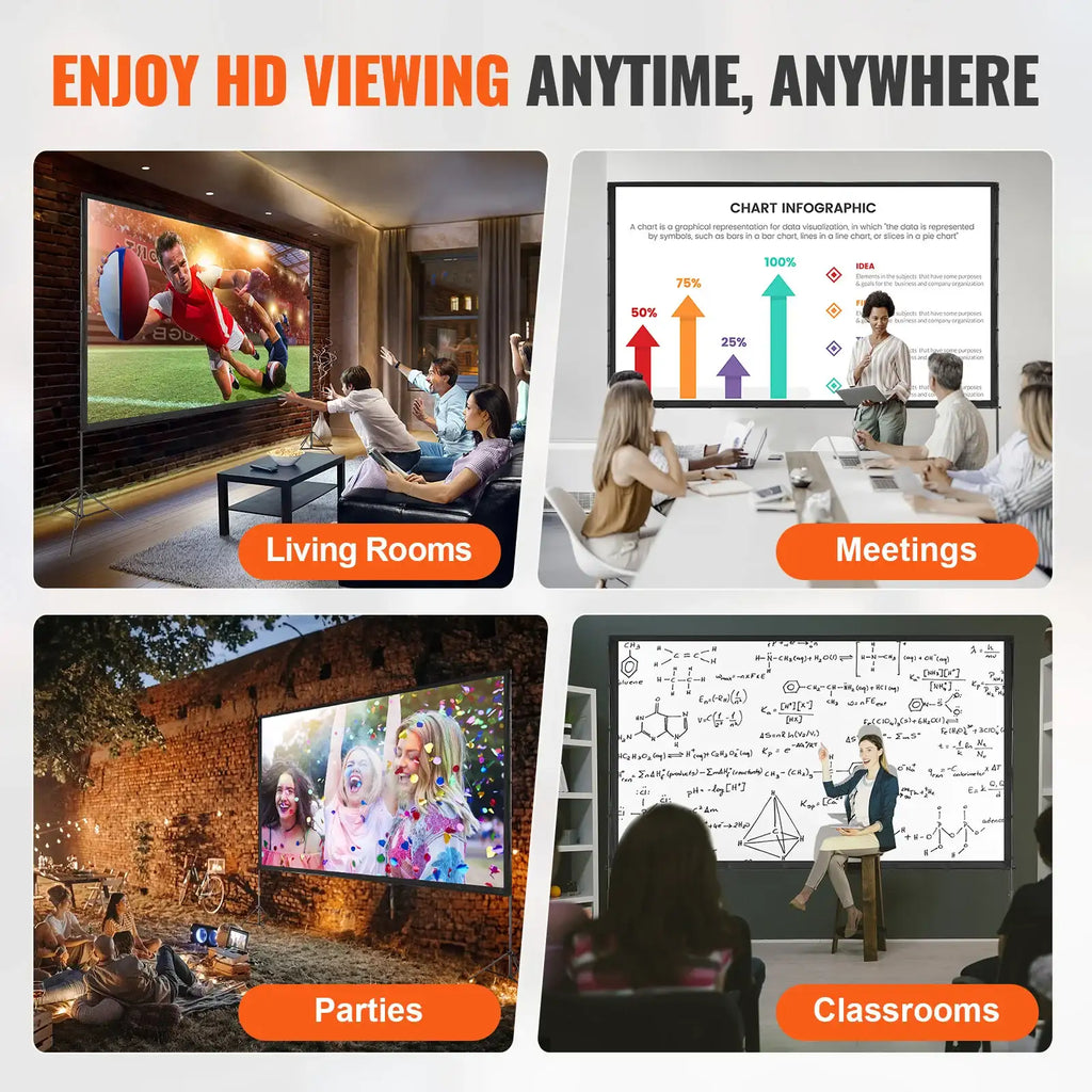 SucceBuy Projektionsleinwand mit Ständer, 150 Zoll, 16:9, 4K 1080 HD, tragbare Projektionsleinwand für Zuhause, Büro, Garten, Filmtheater und Kino