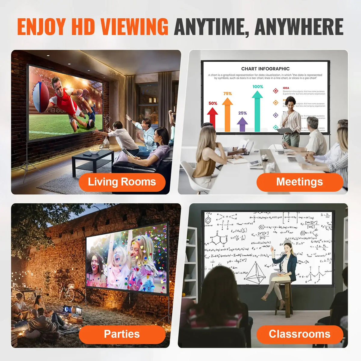 SucceBuy Projektionsleinwand mit Ständer, 150 Zoll, 16:9, 4K 1080 HD, tragbare Projektionsleinwand für Zuhause, Büro, Garten, Filmtheater und Kino