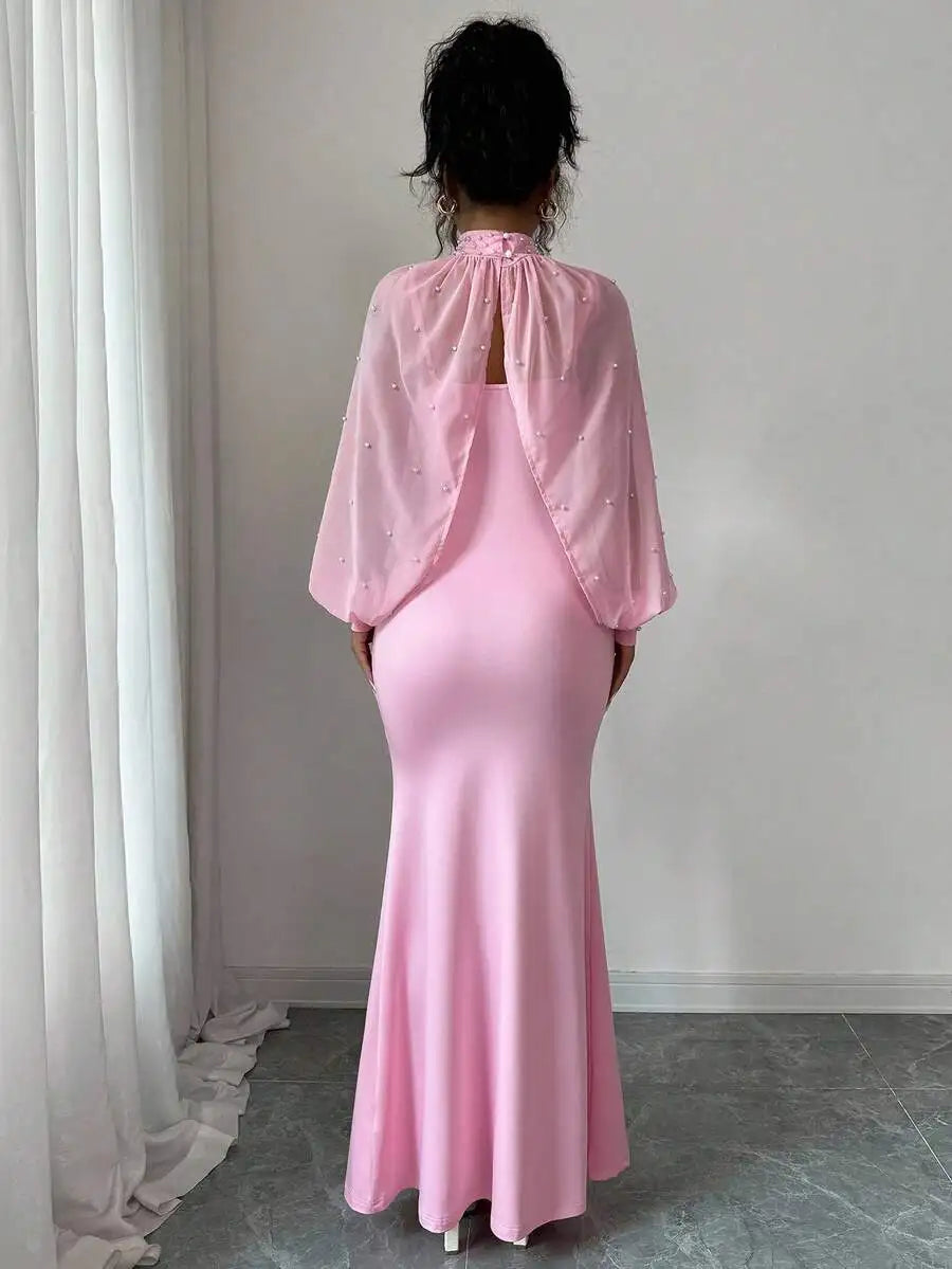 Elegante vestido de sirena rosa con capa transparente de pedrería, conjunto de vestido ajustado