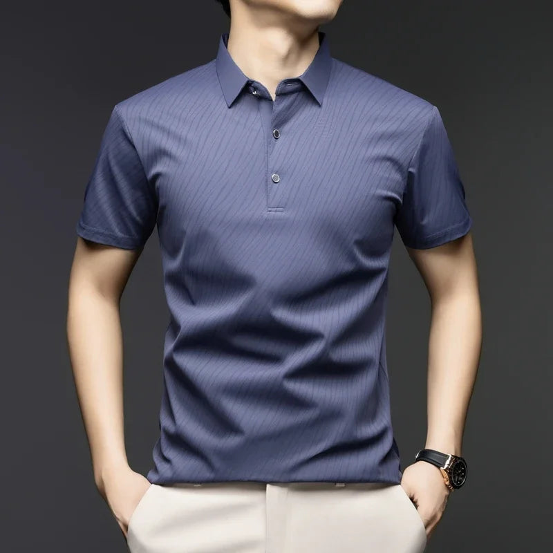 Polo homme en soie glacée Tissu rafraîchissant avec impression lignes diagonales Manches courtes pour le business