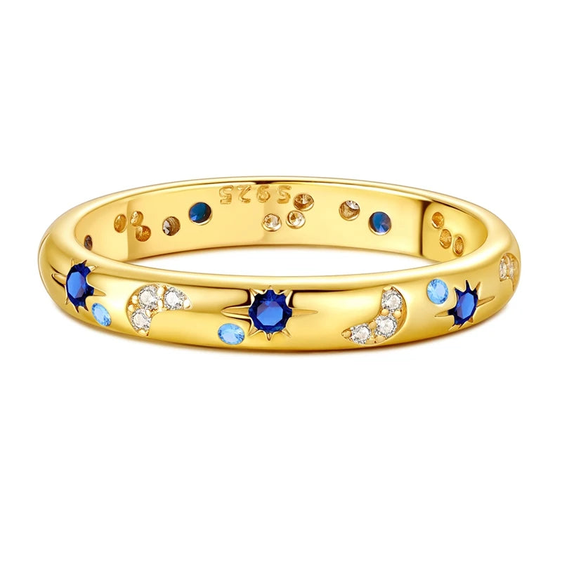 Original 925 Sterling Silver Sparkling Golden Star Firefly Moon Ring For Women Girls Jewelry Birthday Anniversary Gifts