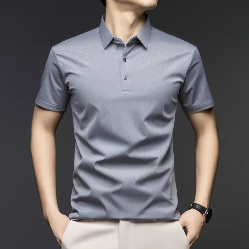 Polo homme en soie glacée Tissu rafraîchissant avec impression lignes diagonales Manches courtes pour le business