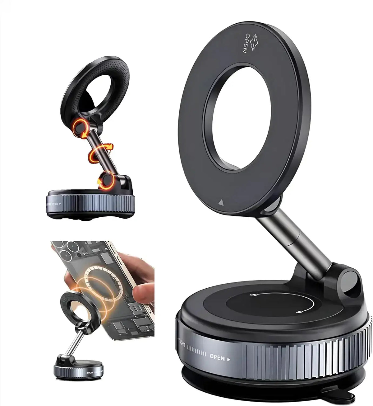 Magnetic Phone Holder for Car – Vacuum Suction Mount, 360° Rotating Car Phone Mount for All Smartphones