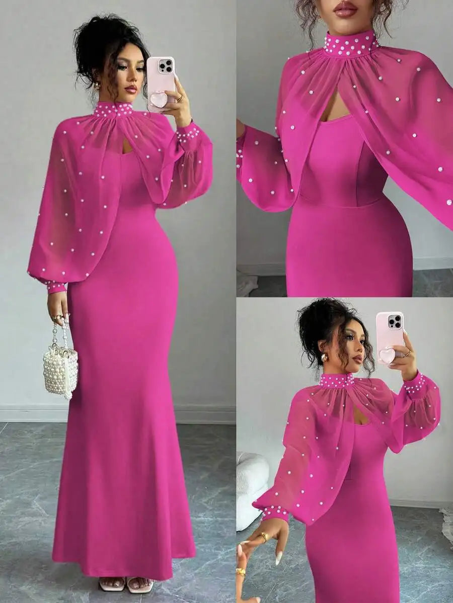 Elegante vestido de sirena rosa con capa transparente de pedrería, conjunto de vestido ajustado