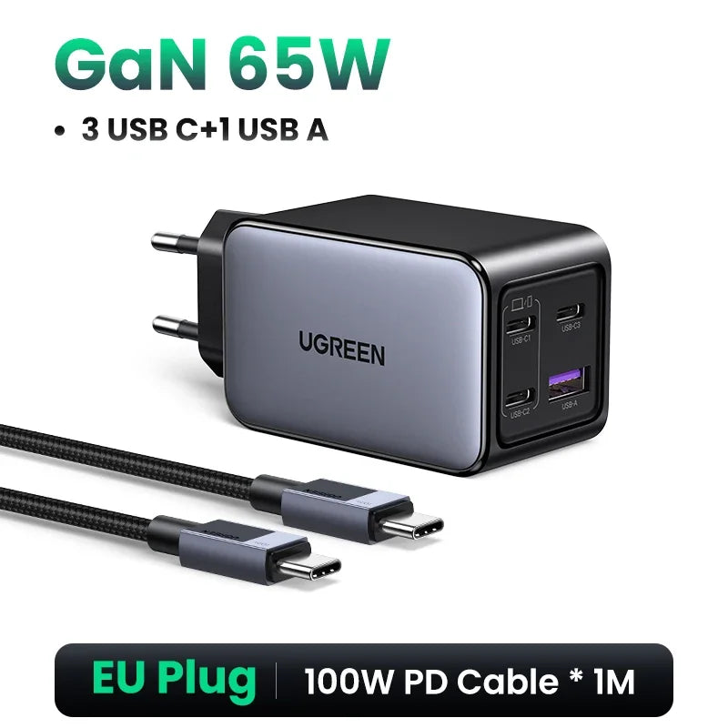 Chargeur GaN 65W UGREEN 4 ports USB C Chargeur Rapide Charge Rapide 3.0 PD 3.0 Pour Macbook Air Ordinateurs Portables Tablettes iPhone 17 16 15 Pro Max