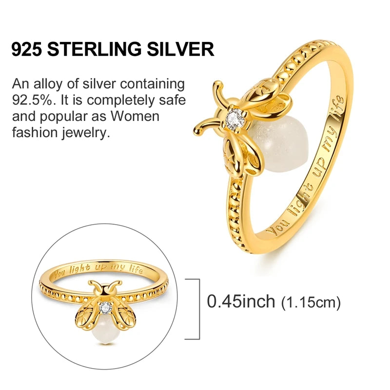 Bague Originale en Argent Sterling 925 Étincelante Étoile Dorée Luciole Lune pour Femmes Filles Bijoux Cadeaux d'Anniversaire