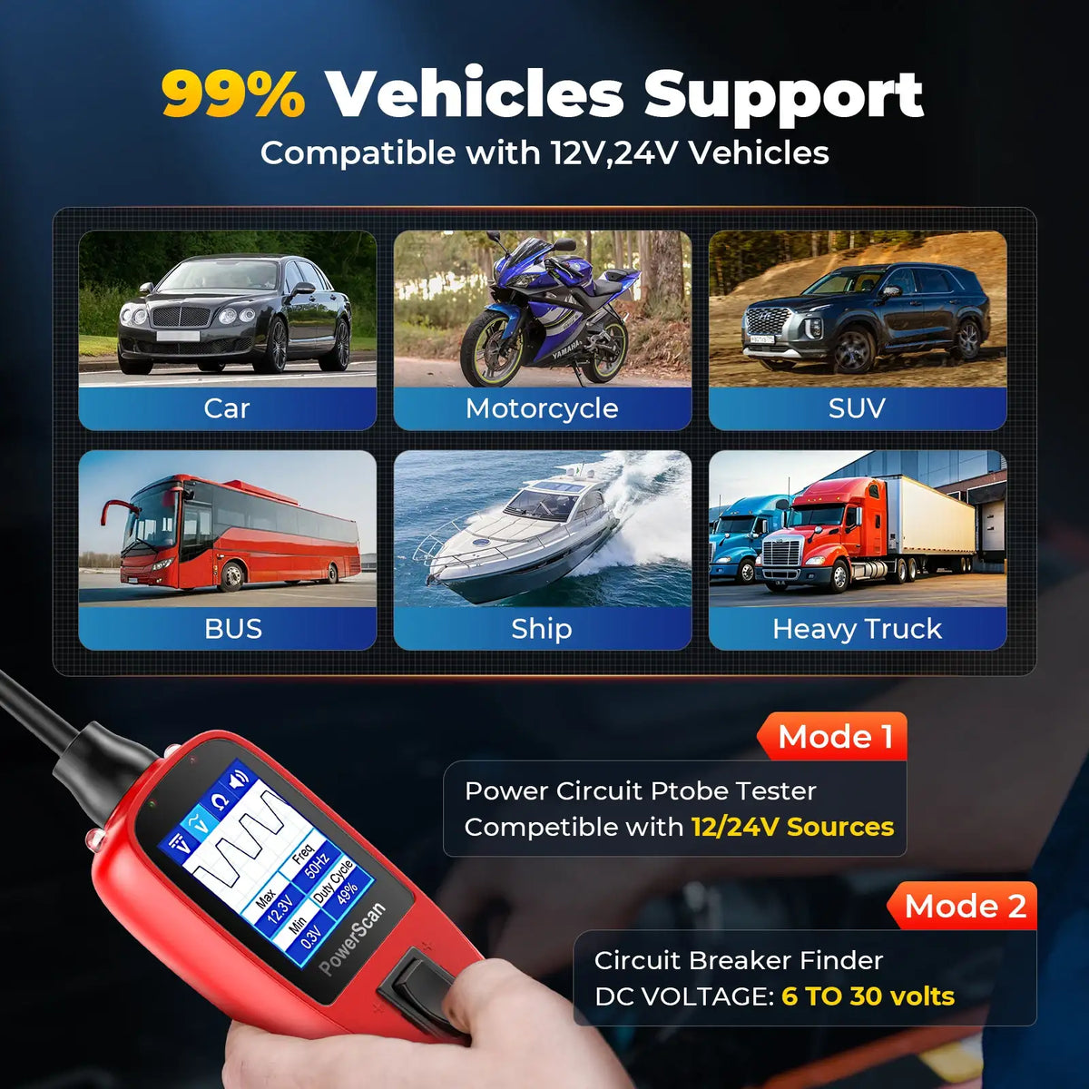 Testeur de circuit automobile Autel Power Scan PS100, kit de sonde de circuit de puissance automobile universel 12V 24V avec câble de 12 m, test AC/DC/continuité/sonde/signal, outil de système électrique d'activation de composants