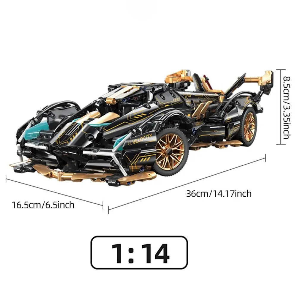 KAVOWORLD 1/14スケール スーパーカー ブロックセット 981ピース ブラック＆ゴールド スポーツカー 組み立ておもちゃ 可動式リアウイング 開閉式コックピット DIY建設モデルキット 誕生日・クリスマスプレゼントに最適