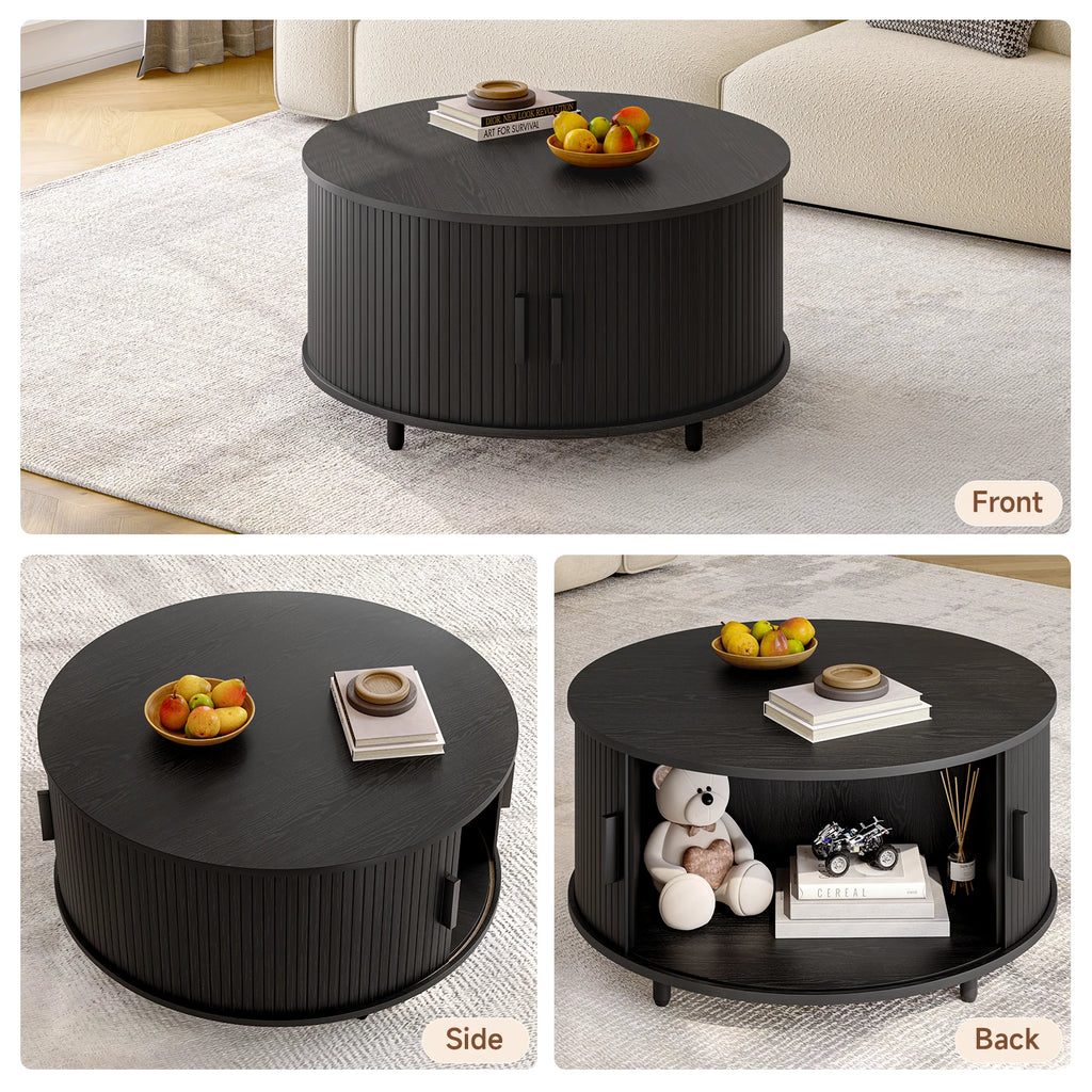 Round Coffee Table 31.5" – Fluted Wood, Curved Sliding Door