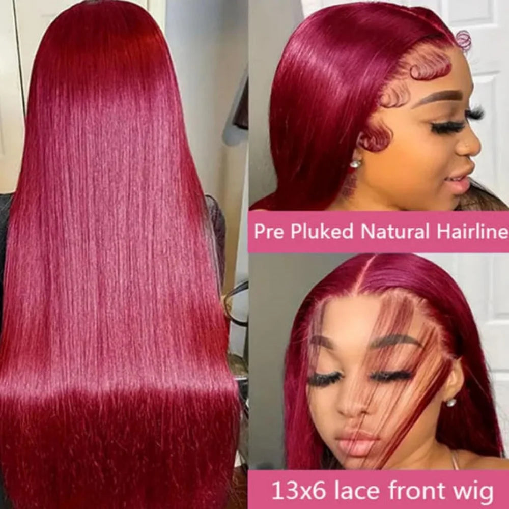 34-Zoll-Perücke aus menschlichem brasilianischem Haar, 99J Burgundy, glatt, 13x4 HD-transparente Lace-Front-Perücke, vorgezupfter natürlicher Haaransatz für Frauen