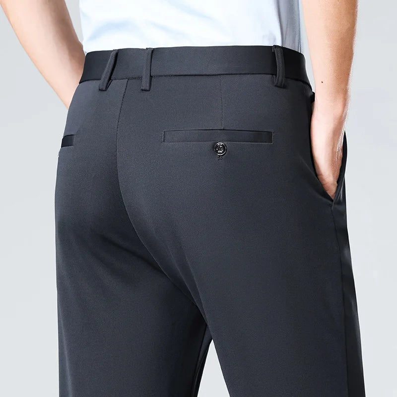 Pantalon de costume stretch pour homme, fin, d'été, d'affaires, coupe slim, droit, pour le travail, le bureau, noir, formel, grande taille 40