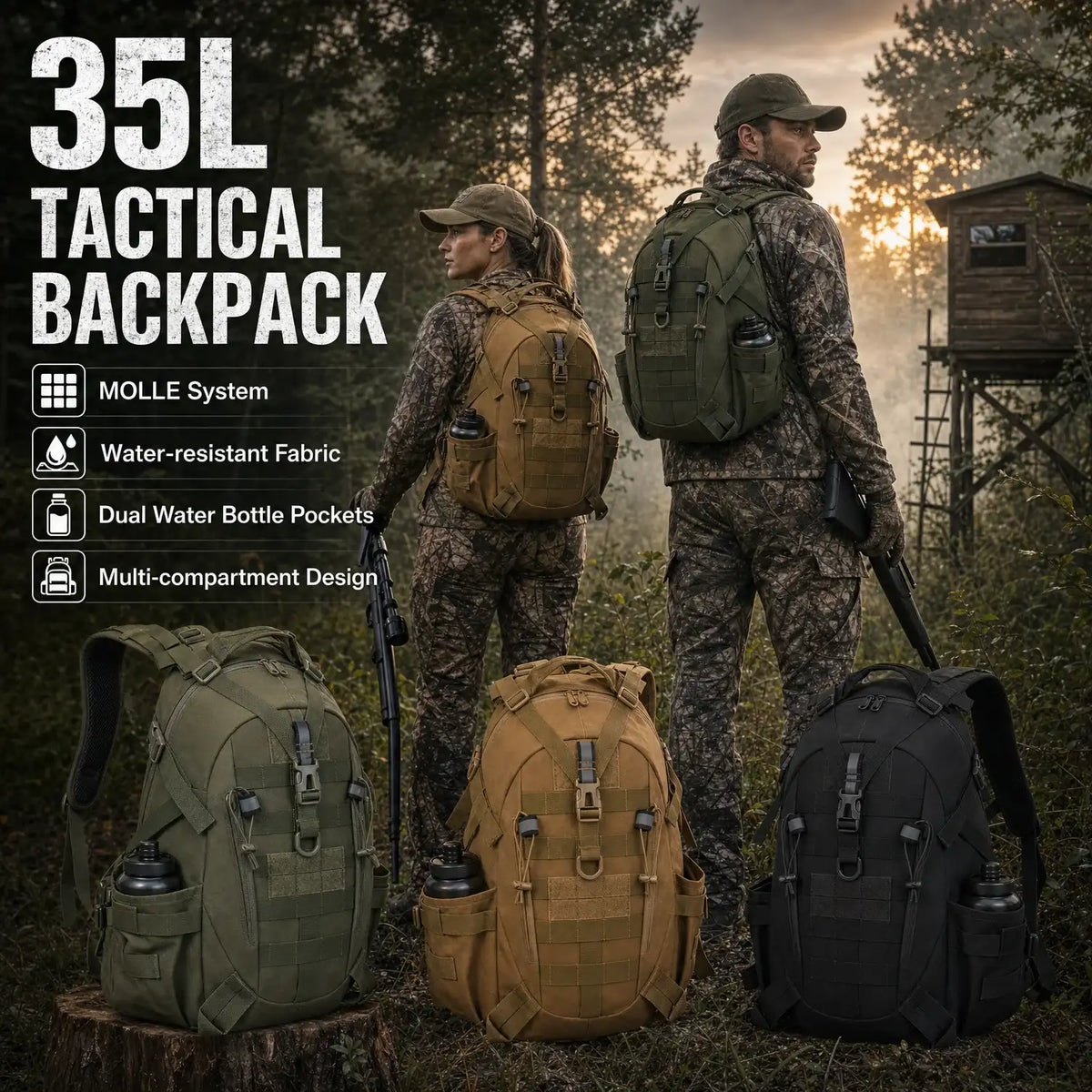 35L Tactical Hunting Backpack for Men with MOLLE System & Reflective Strip, Outdoor Hiking Rucksack with Dual Cup Holders & Compression Straps, Deer Bow Archery Elk Waterfowl Hunting Gear Bag