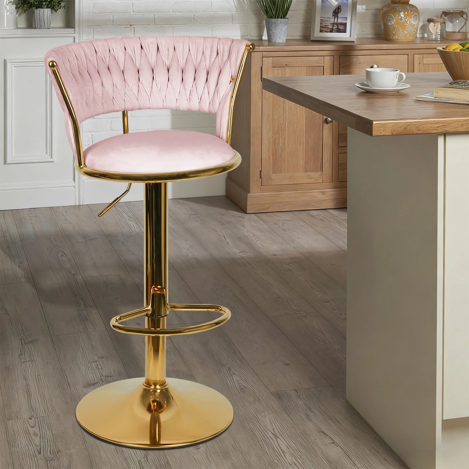 2 Set Bar stool with woven back and foot rest, pivoting stool, height adjustable, metal splayed Base + velvet padded seat, gray/pink/blue/black