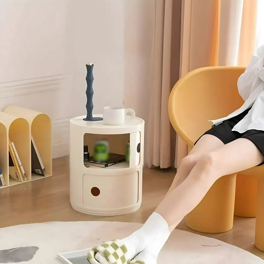 Podofo Plastic Round Bedside Nightstand with Drawers Practical Storage Box Cabinet Nightstand Chic Decor for Bedroom Living Room Modern Furniture Design Multi-Layer Storage