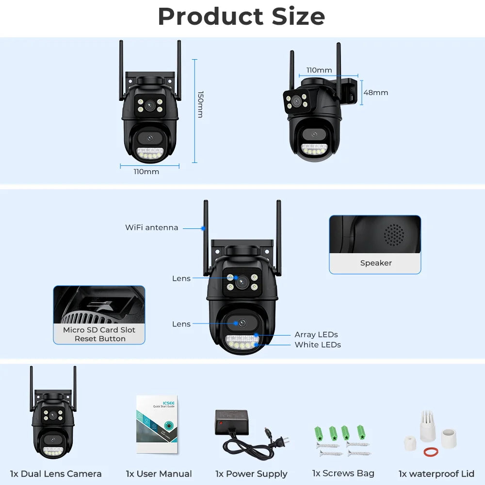 8MP 4K PTZ Wifi Camera Dual Lens with Dual Screen Ai Human Detect Auto Tracking Wireless Outdoor Surveillance Camera iCSee App