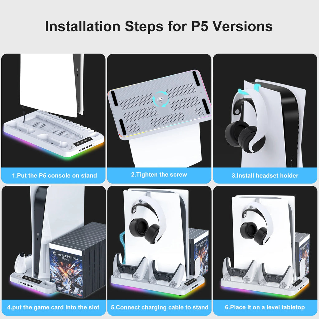 Soporte de refrigeración RGB GAMINJA P58 para consola PS5 Slim, base de carga para mando, gancho para auriculares y estante de almacenamiento de juegos en CD para PS5 versión con disco y digital