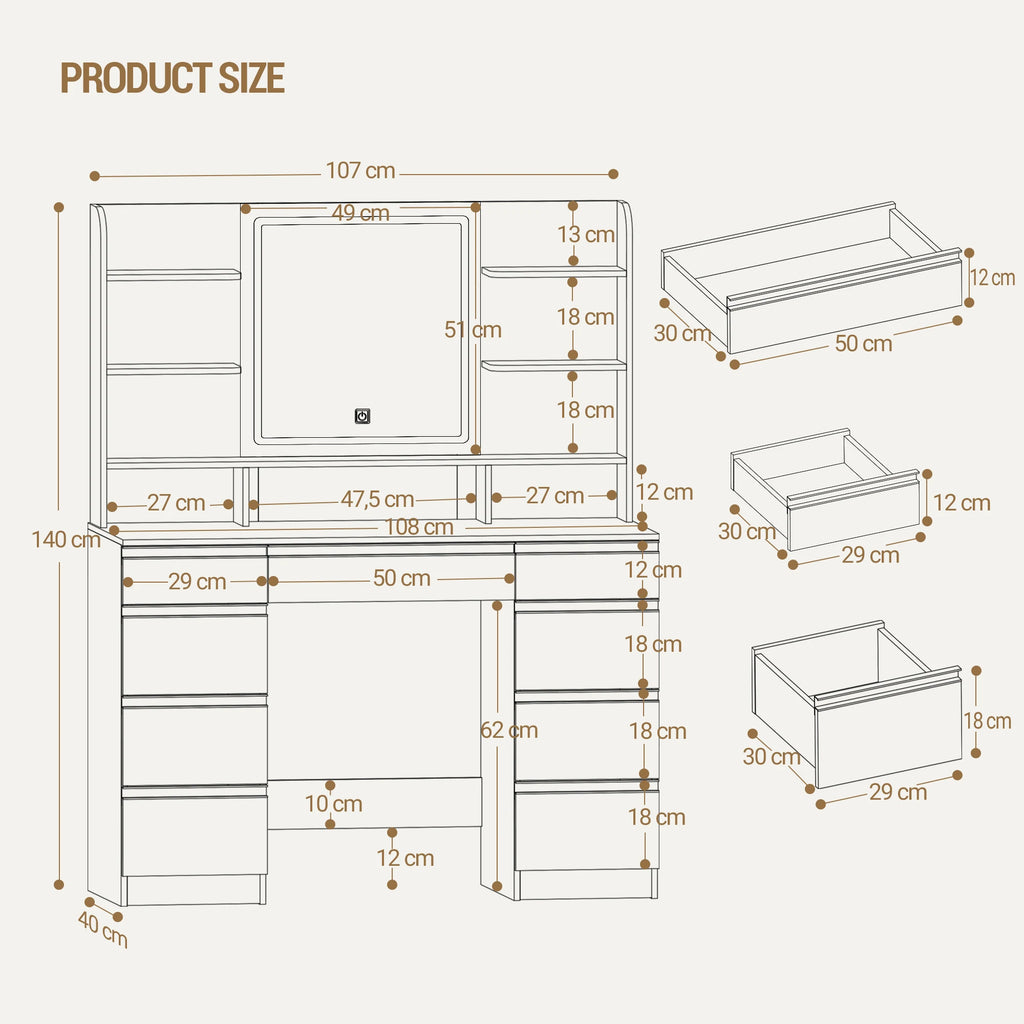 Large Dressing Table with LED Lighting, 3 Colours, Brightness Control,  with Mirror, 9 Drawers, 9 Open Shelves