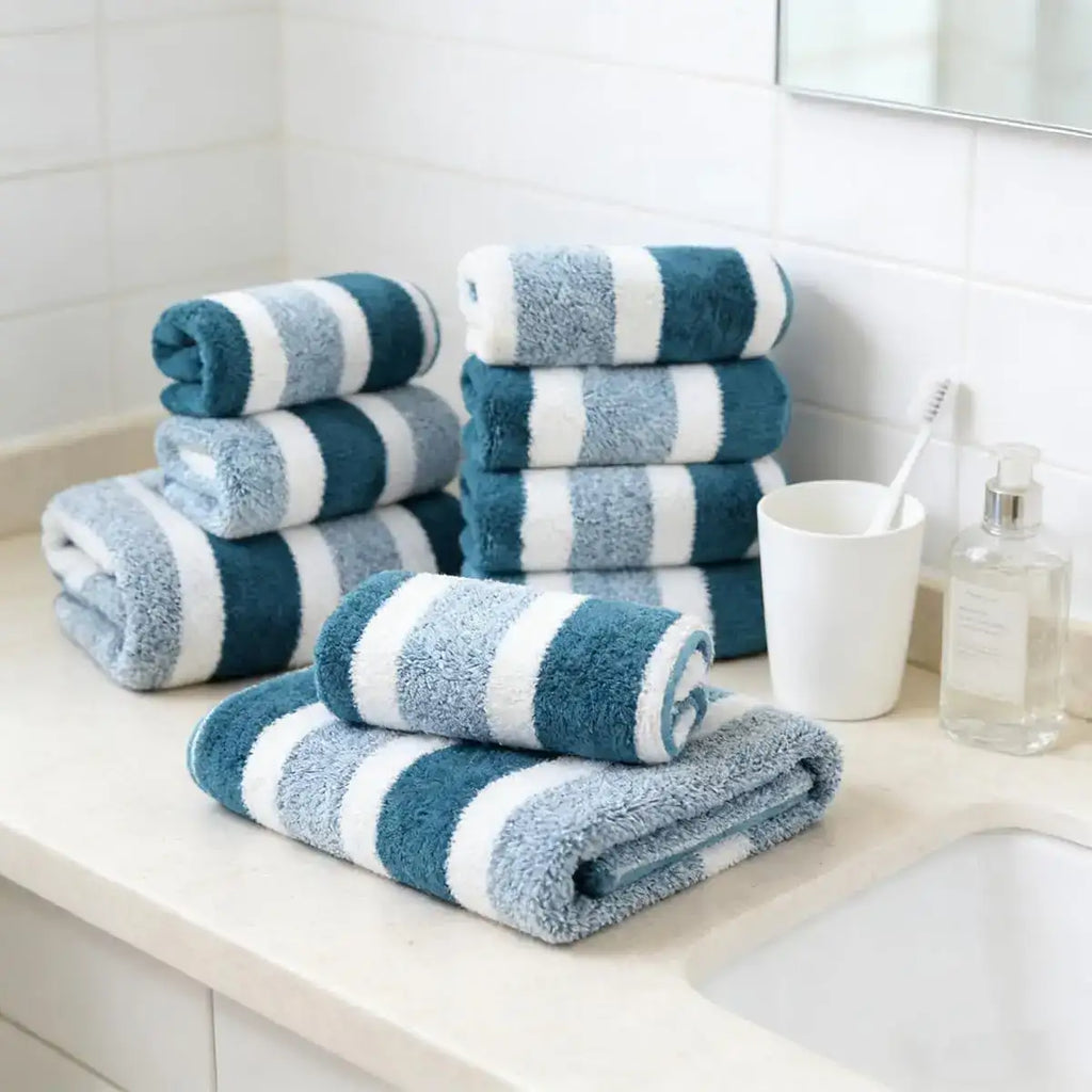 Ensemble de 18 serviettes de bain de luxe, serviettes en polyester douces à séchage rapide pour la maison, l'hôtel et le spa, bleu marine et rayé