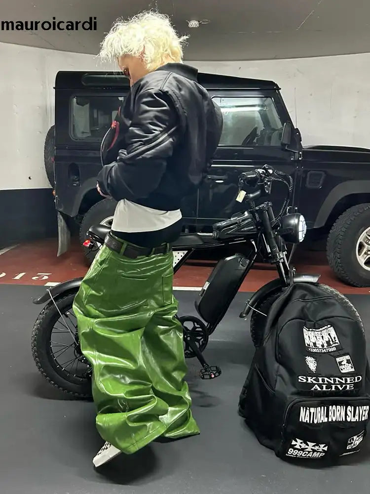 Mauroicardi Spring Autumn Cool Long Shiny Reflective Green PU Leather Wide Leg Pants for Men - Y2K Luxury Style
