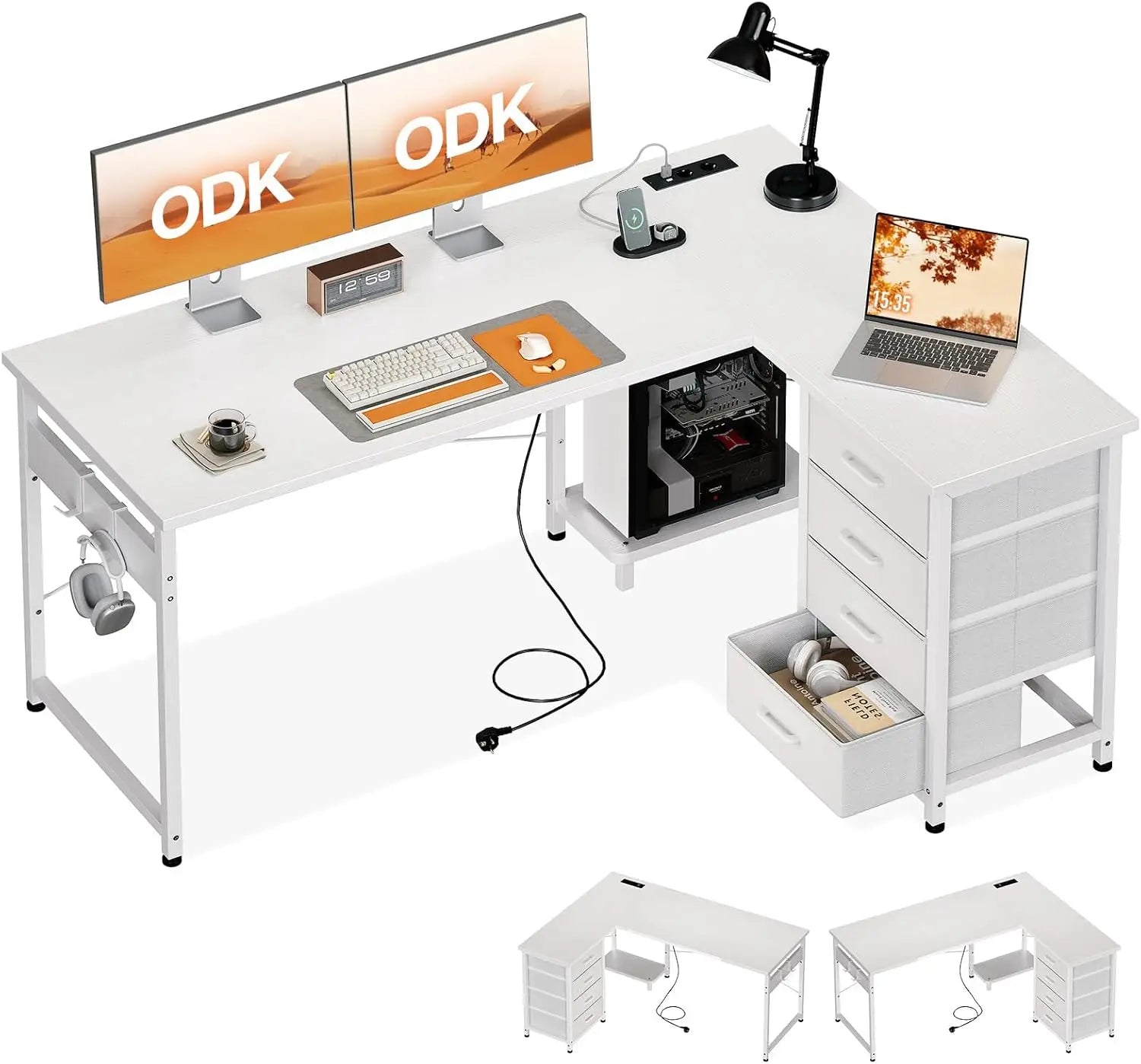 Bureau d'angle Colehome avec 4 tiroirs, bureau réversible avec rangement pour bureau à domicile, 135 × 100 cm Bianco