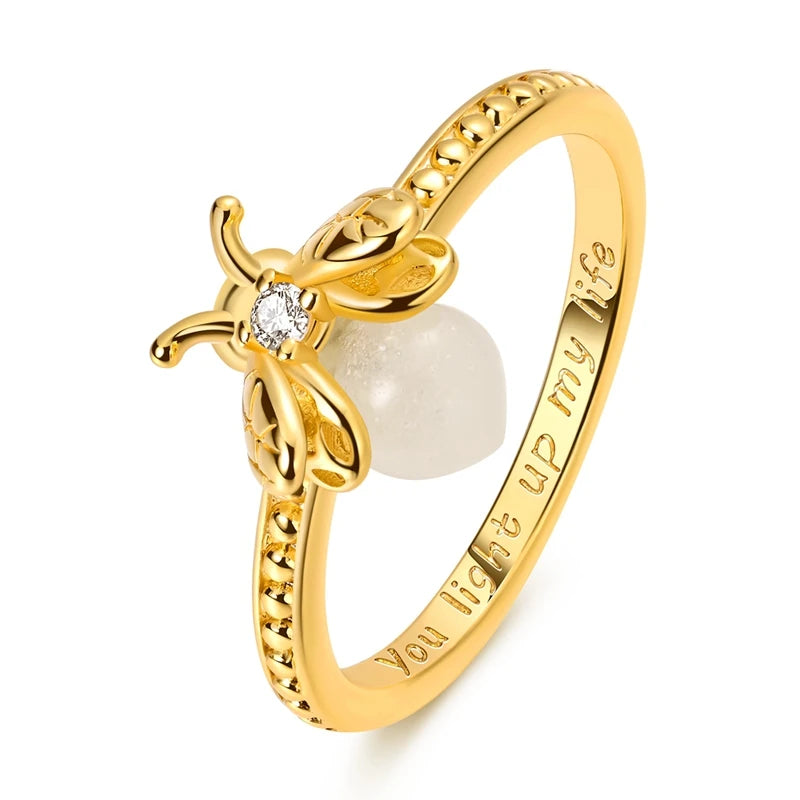 Original 925 Sterling Silver Sparkling Golden Star Firefly Moon Ring For Women Girls Jewelry Birthday Anniversary Gifts