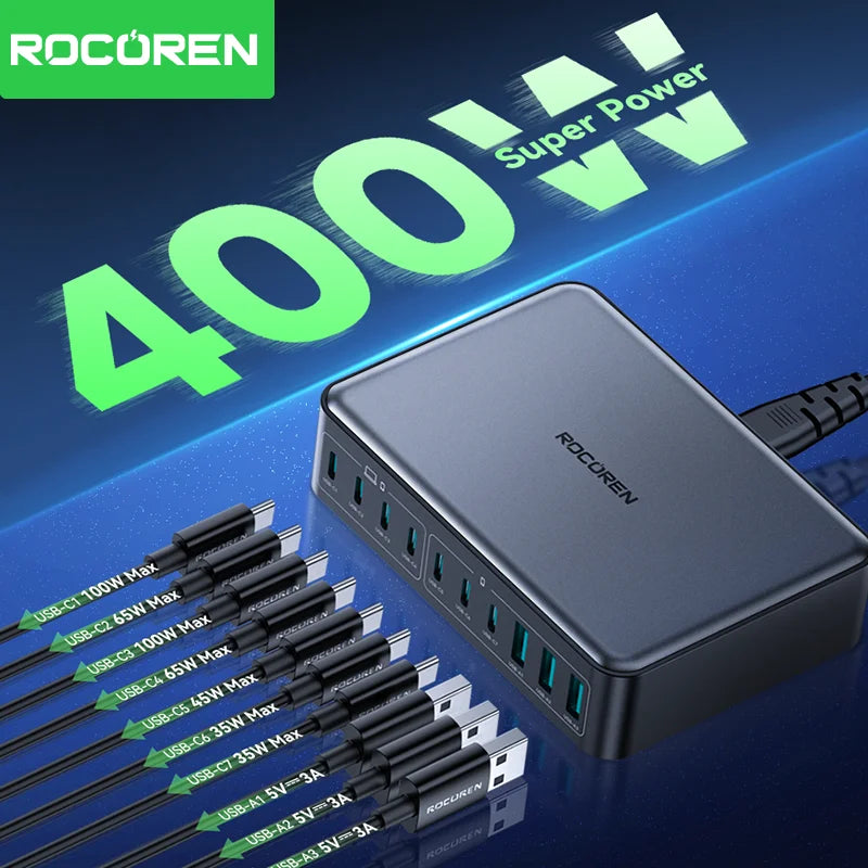 Rocoren Chargeur GaN USB Type C 400 W Station d'alimentation de bureau portable 10 en 1 Chargeur rapide Type-C pour iPhone 16 Pro Max MacBook Air