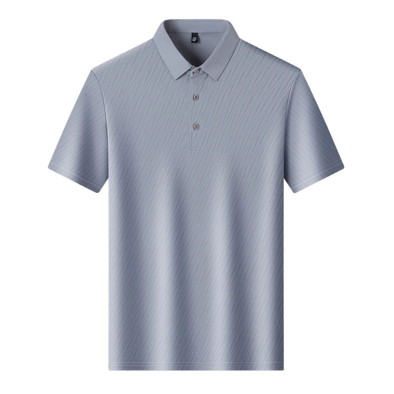 Men's Fashion Ice Silk Polo Shirt Cool Touch Fabric With Diagonal Line Print Short Sleeve For Business